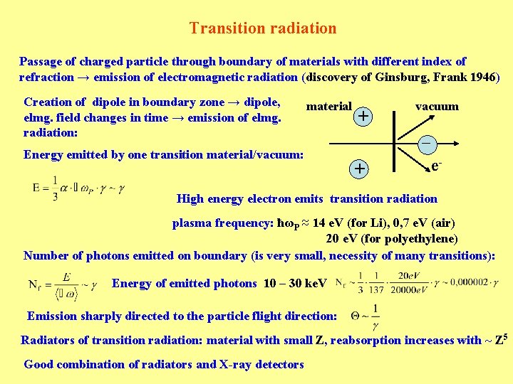 Transition radiation Passage of charged particle through boundary of materials with different index of