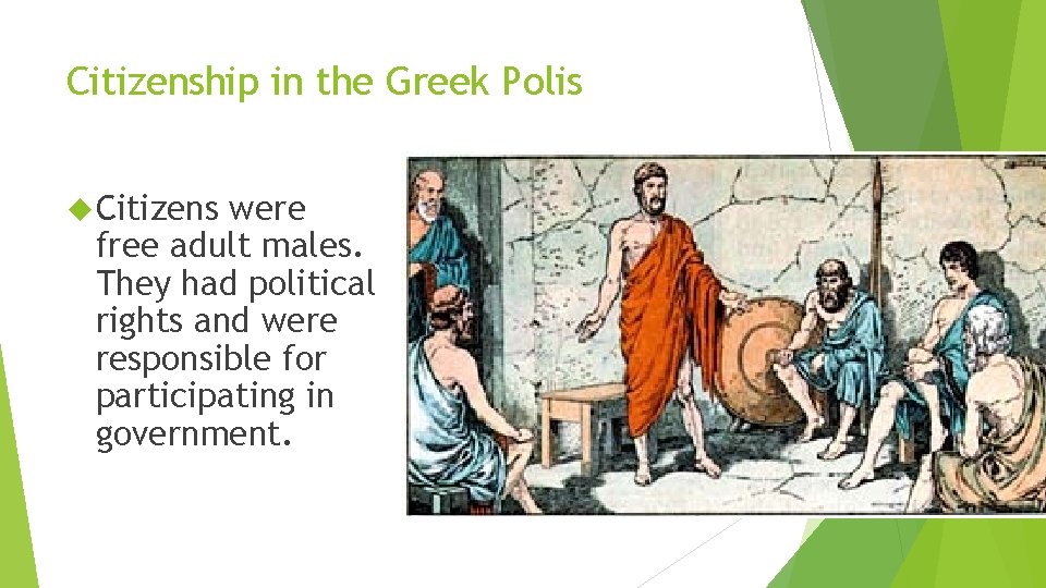 Citizenship in the Greek Polis Citizens were free adult males. They had political rights