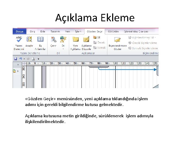 Açıklama Ekleme «Gözden Geçir» menüsünden, yeni açıklama tıklandığında işlem adımı için gerekli bilgilendirme kutusu