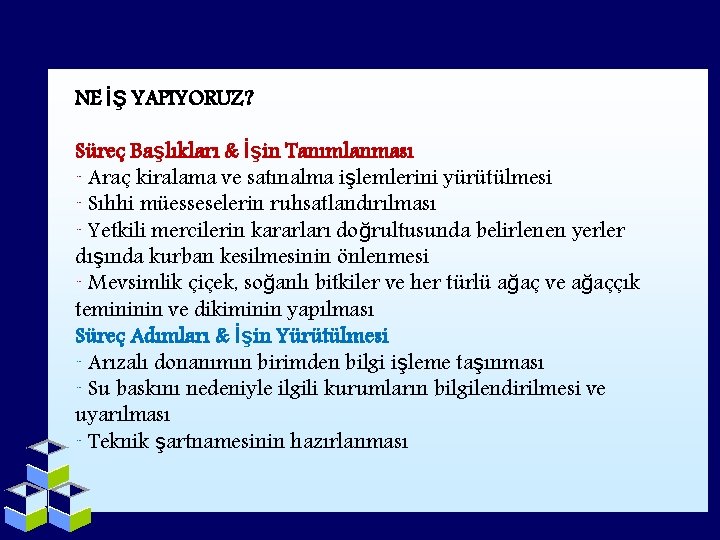 NE İŞ YAPIYORUZ? Süreç Başlıkları & İşin Tanımlanması ¨ Araç kiralama ve satınalma işlemlerini