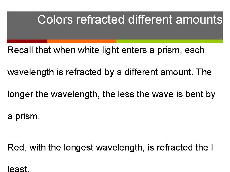 Colors refracted different amounts Recall that when white light enters a prism, each wavelength