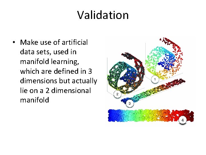 Validation • Make use of artificial data sets, used in manifold learning, which are