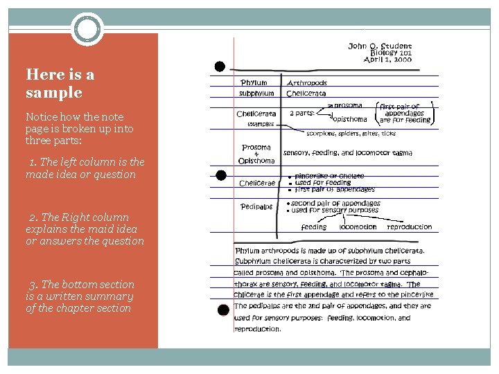 Here is a sample Notice how the note page is broken up into three