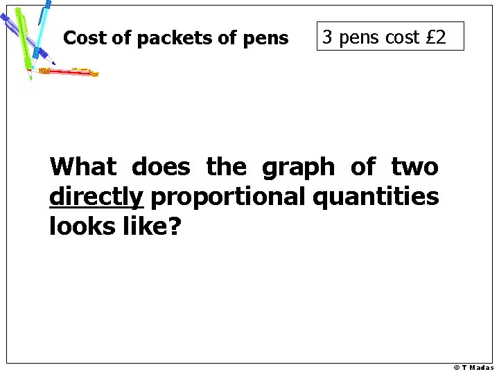 Cost of packets of pens 3 pens cost £ 2 What does the graph