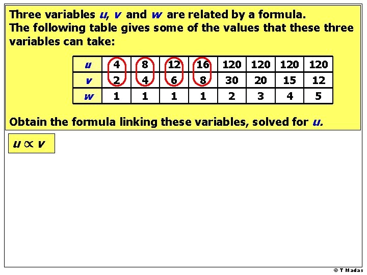 Three variables u, v and w are related by a formula. The following table