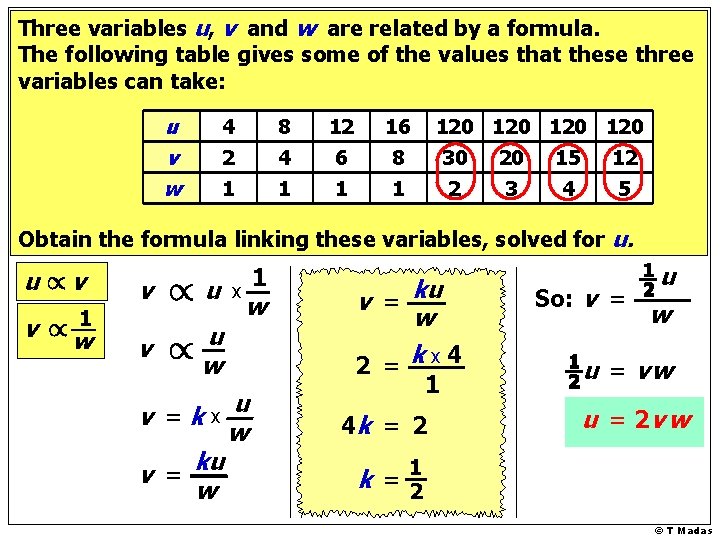 Three variables u, v and w are related by a formula. The following table