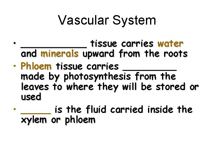 Vascular System • ______ tissue carries water and minerals upward from the roots •