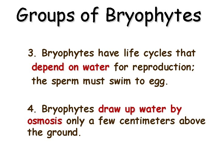 Groups of Bryophytes 3. Bryophytes have life cycles that depend on water for reproduction;