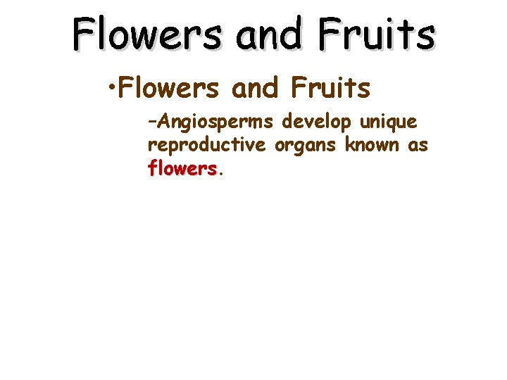 Flowers and Fruits • Flowers and Fruits –Angiosperms develop unique reproductive organs known as