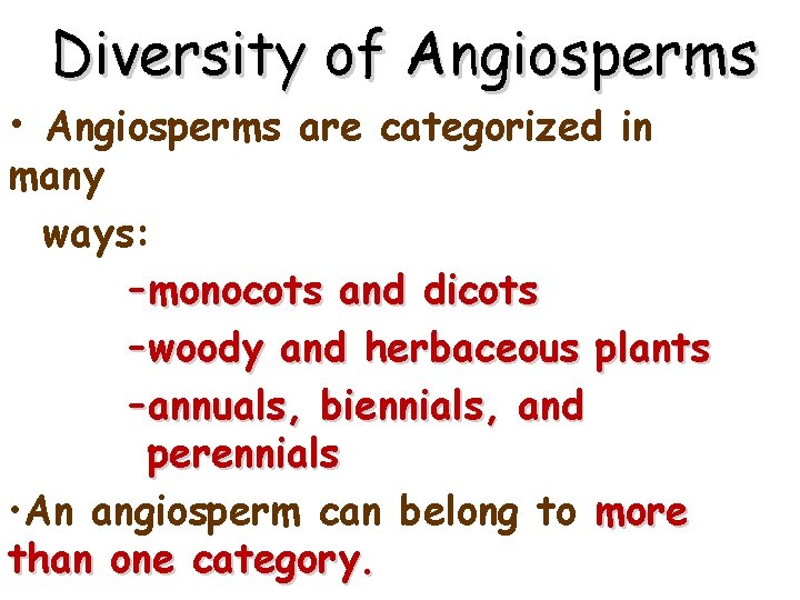 Diversity of Angiosperms • Angiosperms are categorized in many ways: – monocots and dicots