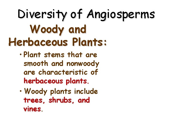 Diversity of Angiosperms Woody and Herbaceous Plants: • Plant stems that are smooth and