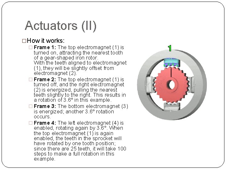 Actuators (II) �How it works: � Frame 1: The top electromagnet (1) is turned Actuators (II) �How it works: � Frame 1: The top electromagnet (1) is turned