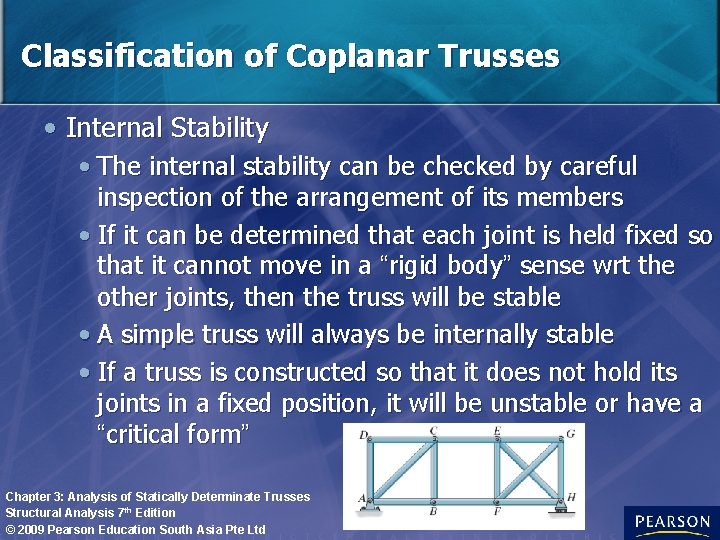 Classification of Coplanar Trusses • Internal Stability • The internal stability can be checked