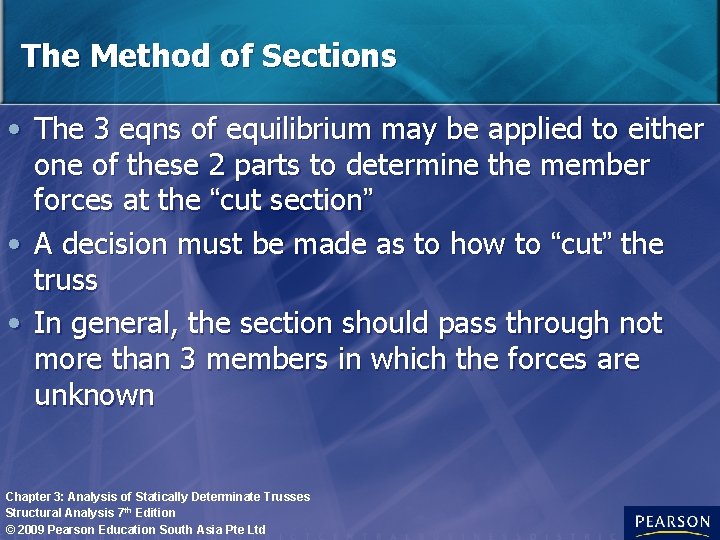 The Method of Sections • The 3 eqns of equilibrium may be applied to
