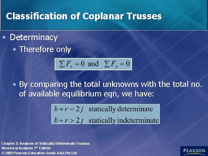 Classification of Coplanar Trusses • Determinacy • Therefore only • By comparing the total