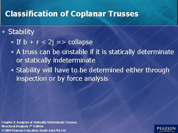 Classification of Coplanar Trusses • Stability • If b + r < 2 j