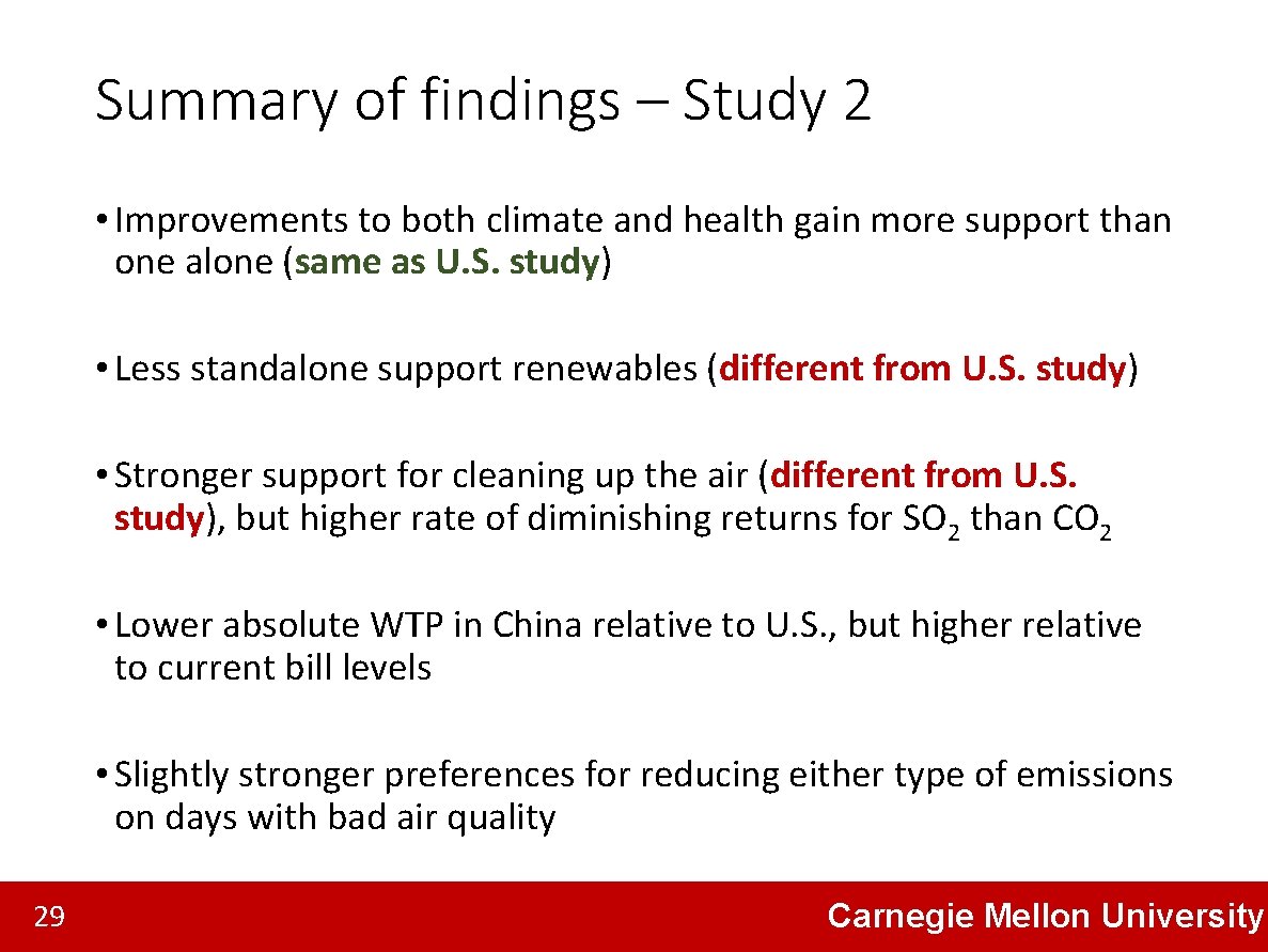 Summary of findings – Study 2 • Improvements to both climate and health gain