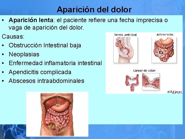 Aparición del dolor • Aparición lenta: el paciente refiere una fecha imprecisa o vaga
