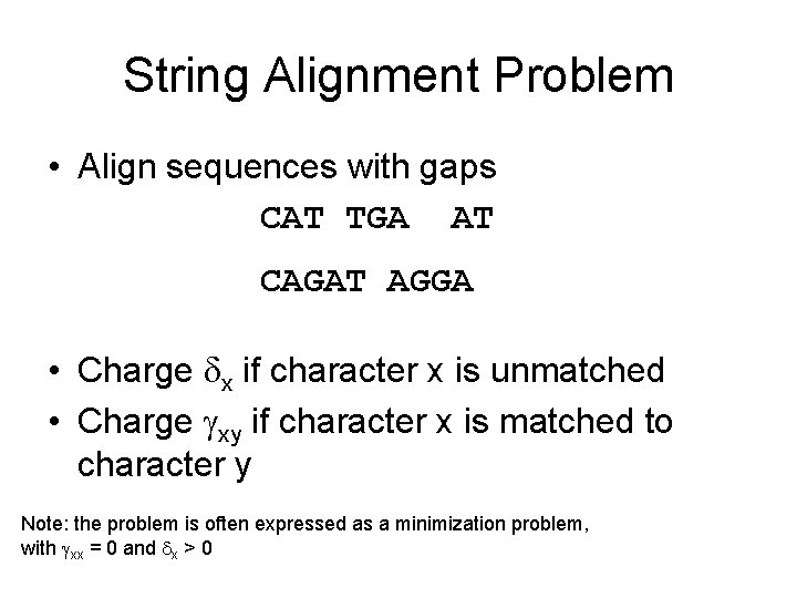 String Alignment Problem • Align sequences with gaps CAT TGA AT CAGAT AGGA •