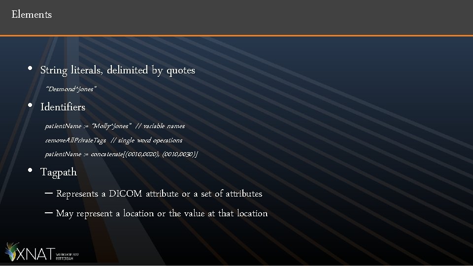 Elements • String literals, delimited by quotes “Desmond^Jones” • Identifiers patient. Name : =