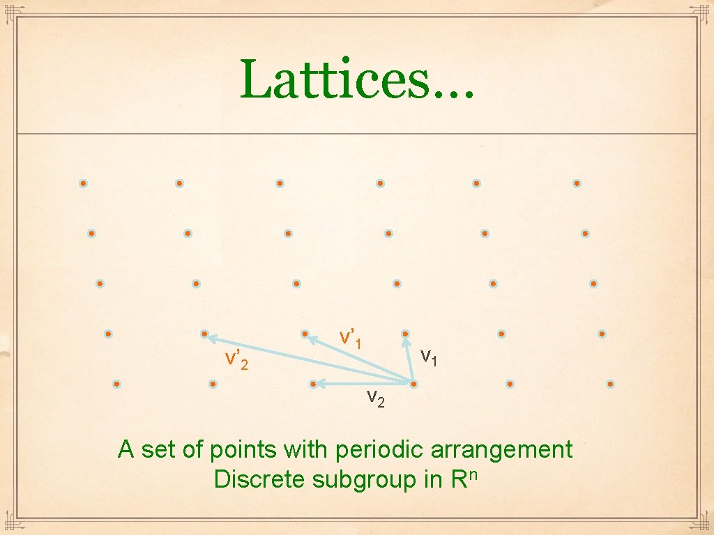 Lattices… v’ 2 v’ 1 v 2 A set of points with periodic arrangement