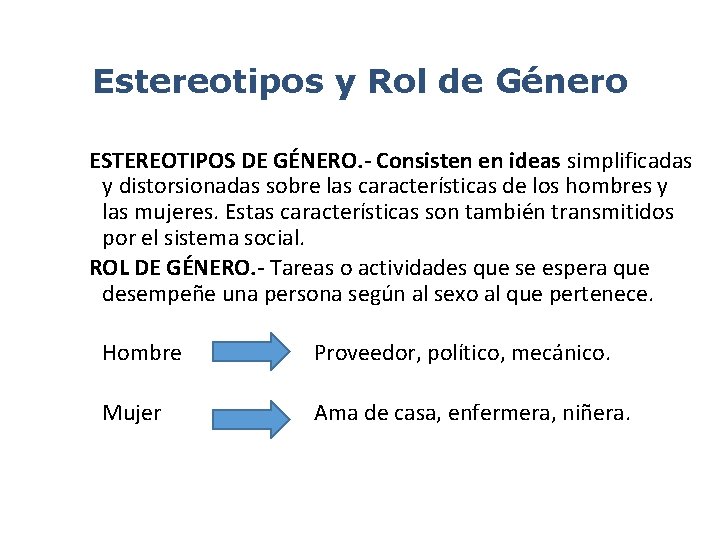 Estereotipos y Rol de Género ESTEREOTIPOS DE GÉNERO. - Consisten en ideas simplificadas y