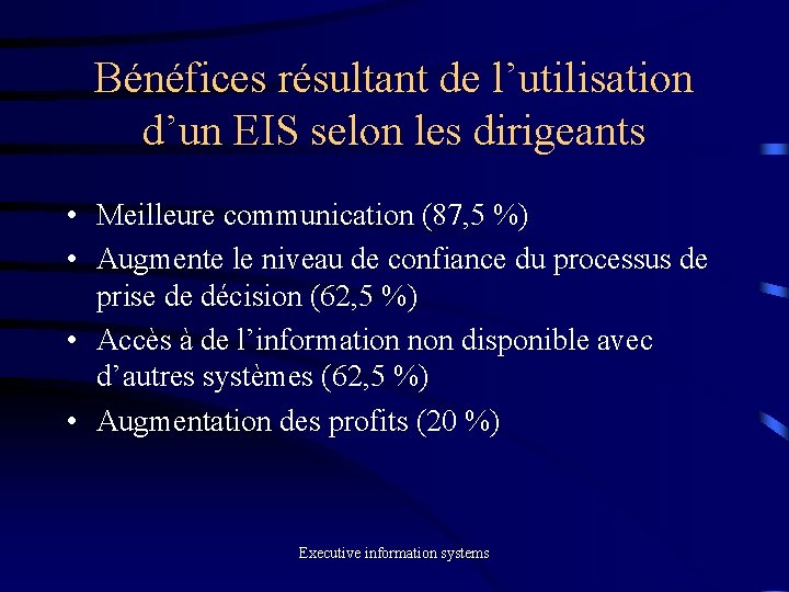 Bénéfices résultant de l’utilisation d’un EIS selon les dirigeants • Meilleure communication (87, 5