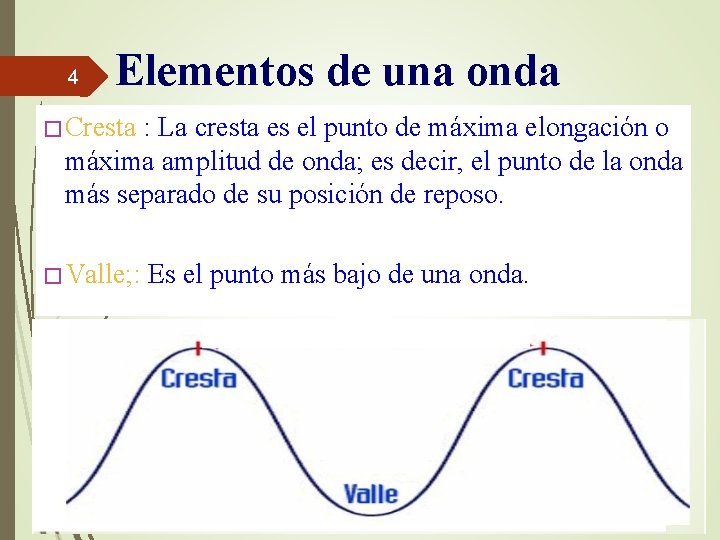 4 Elementos de una onda � Cresta : La cresta es el punto de