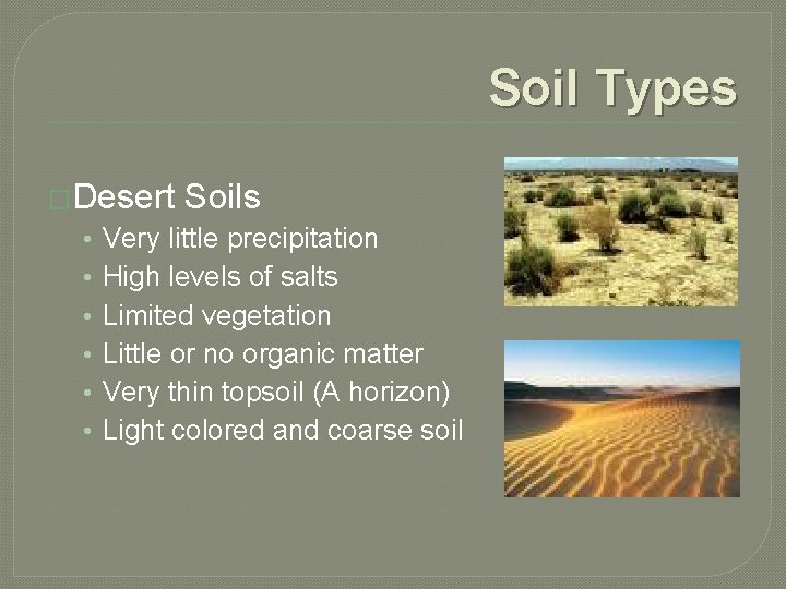 Soil Types �Desert • • • Soils Very little precipitation High levels of salts