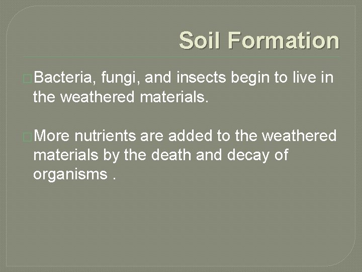 Soil Formation �Bacteria, fungi, and insects begin to live in the weathered materials. �More