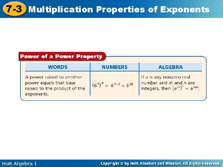 7 -3 Multiplication Properties of Exponents Holt Algebra 1 