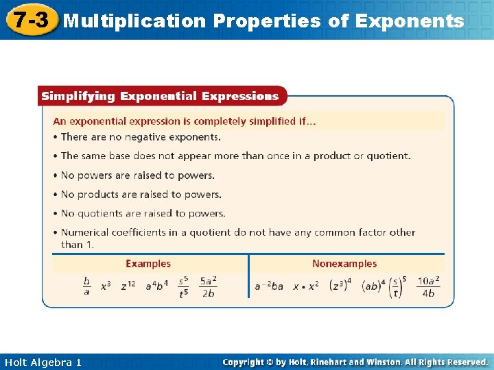 7 -3 Multiplication Properties of Exponents Holt Algebra 1 