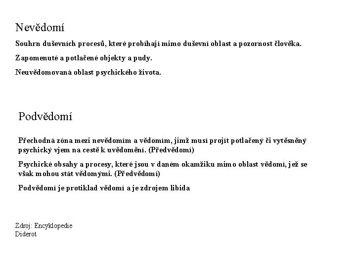 Nevědomí Souhrn duševních procesů, které probíhají mimo duševní oblast a pozornost člověka. Zapomenuté a