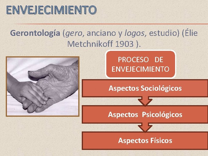 ENVEJECIMIENTO Gerontología (gero, anciano y logos, estudio) (Élie Metchnikoff 1903 ). PROCESO DE ENVEJECIMIENTO