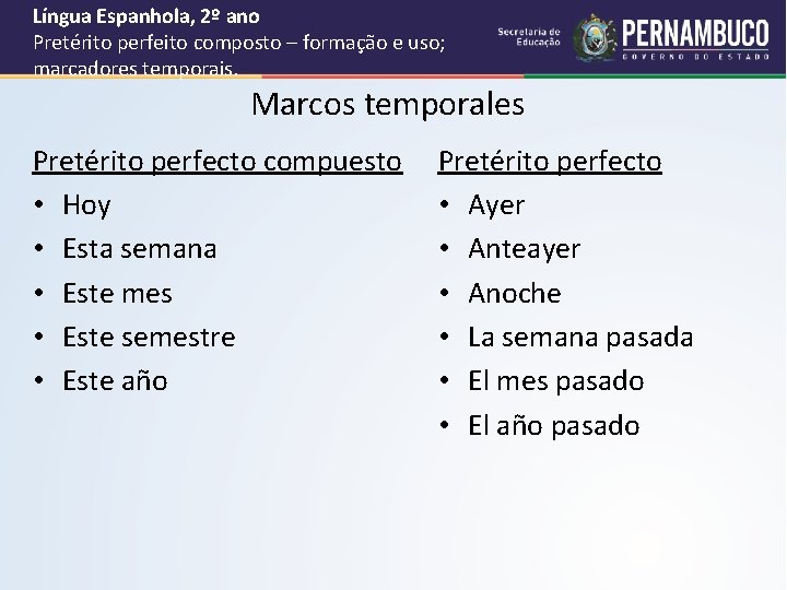 Língua Espanhola, 2º ano Pretérito perfeito composto – formação e uso; marcadores temporais. Marcos
