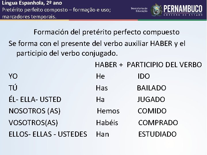 Língua Espanhola, 2º ano Pretérito perfeito composto – formação e uso; marcadores temporais. Formación