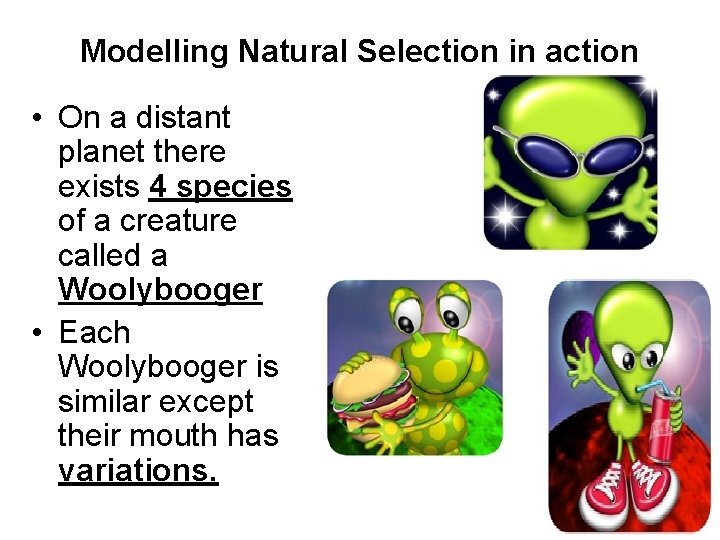 Modelling Natural Selection in action • On a distant planet there exists 4 species