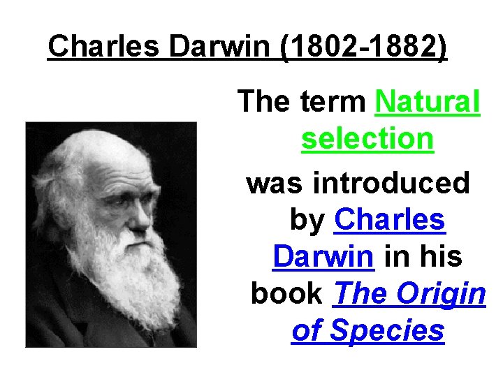 Charles Darwin (1802 -1882) The term Natural selection was introduced by Charles Darwin in