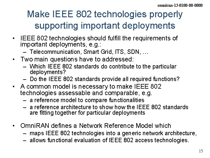 omniran-13 -0100 -00 -0000 Make IEEE 802 technologies properly supporting important deployments • IEEE