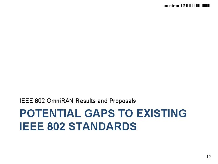 omniran-13 -0100 -00 -0000 IEEE 802 Omni. RAN Results and Proposals POTENTIAL GAPS TO