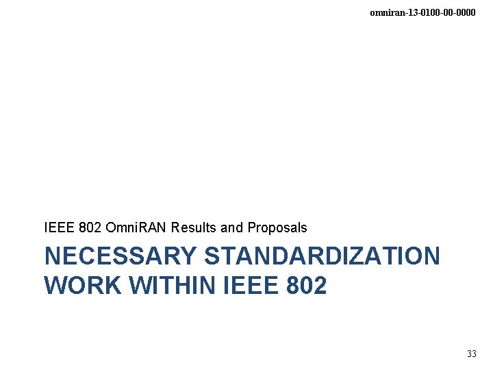 omniran-13 -0100 -00 -0000 IEEE 802 Omni. RAN Results and Proposals NECESSARY STANDARDIZATION WORK
