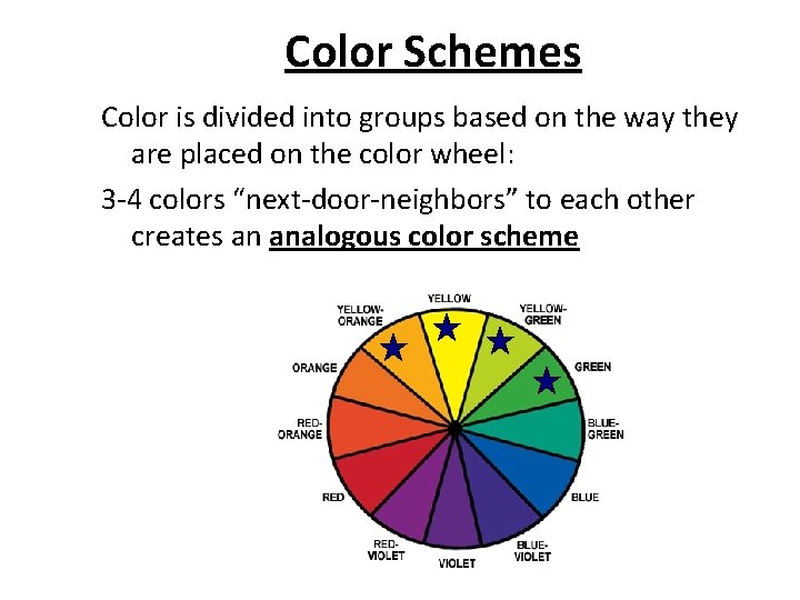 Color Schemes Color is divided into groups based on the way they are placed