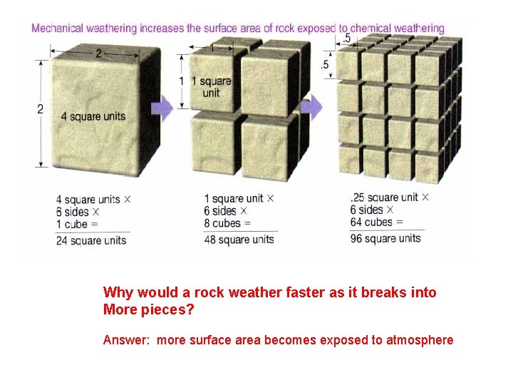 Why would a rock weather faster as it breaks into More pieces? Answer: more Why would a rock weather faster as it breaks into More pieces? Answer: more