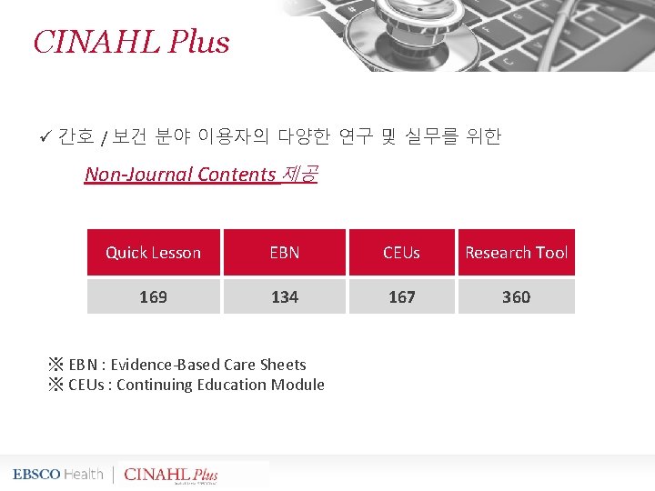 CINAHL Plus ü 간호 / 보건 분야 이용자의 다양한 연구 및 실무를 위한 Non-Journal