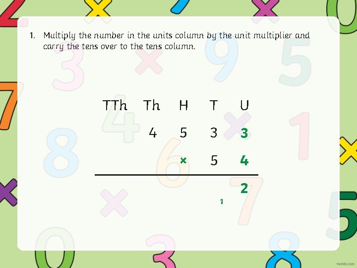 1. Multiply the number in the units column by the unit multiplier and carry