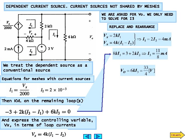 DEPENDENT CURRENT SOURCES NOT SHARED BY MESHES WE ARE ASKED FOR Vo. WE ONLY