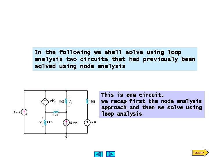In the following we shall solve using loop analysis two circuits that had previously