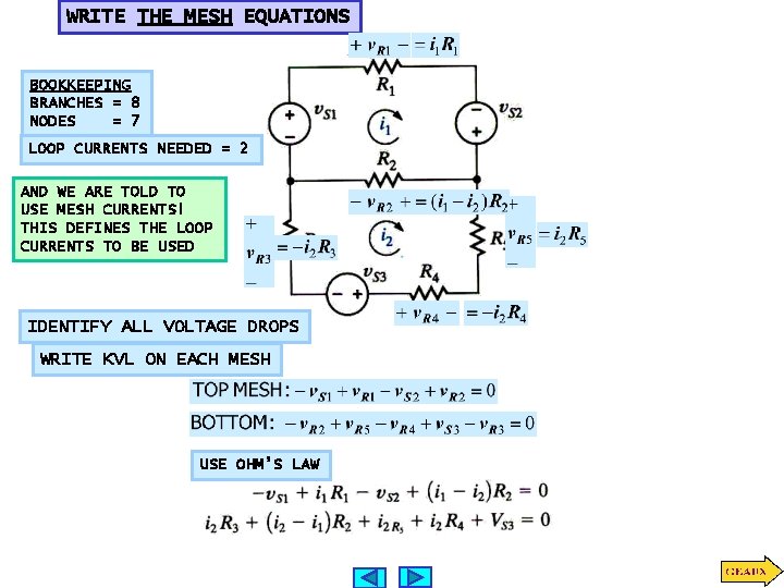 WRITE THE MESH EQUATIONS BOOKKEEPING BRANCHES = 8 NODES = 7 LOOP CURRENTS NEEDED