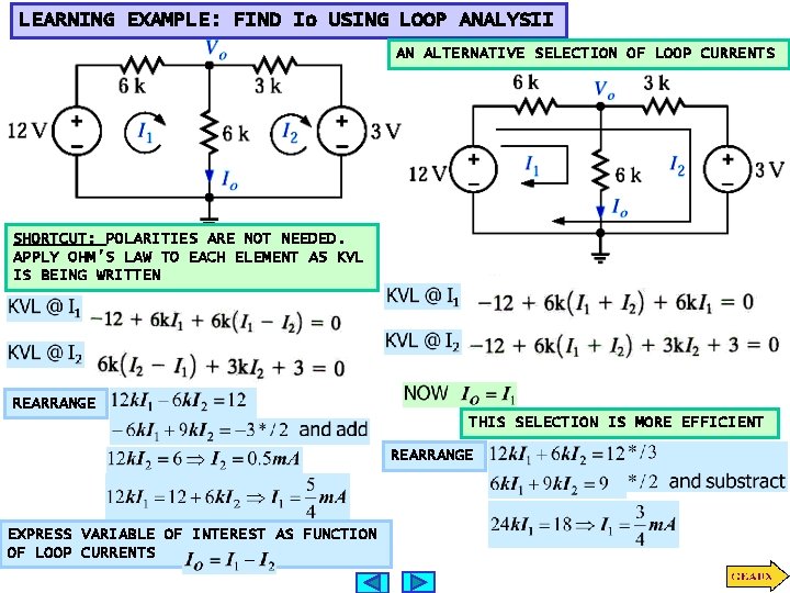 LEARNING EXAMPLE: FIND Io USING LOOP ANALYSII AN ALTERNATIVE SELECTION OF LOOP CURRENTS SHORTCUT: