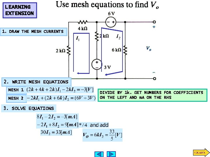LEARNING EXTENSION 1. DRAW THE MESH CURRENTS 2. WRITE MESH EQUATIONS MESH 1 MESH